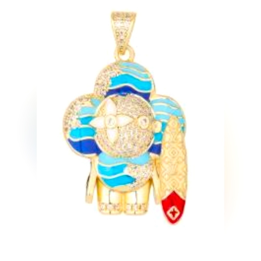 14K Gold Surfer Flower Doll Micro Pavé Iced Out Bling Drip Hip Hop Necklace